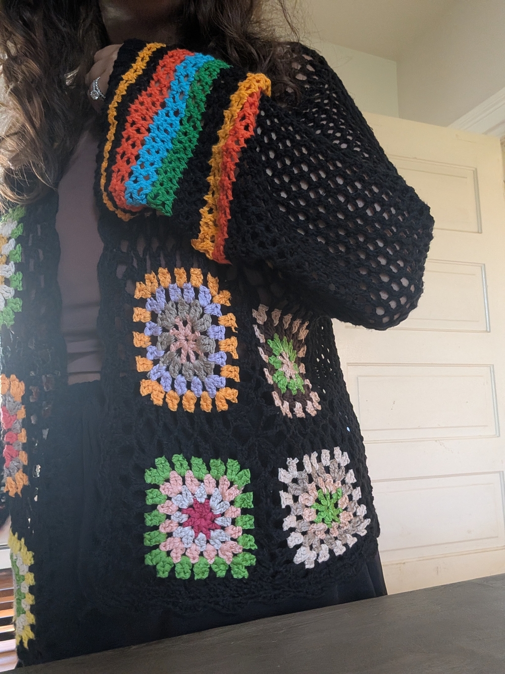 Black Crochet Granny-Square Sweater Cardigan with Multicolor Accents